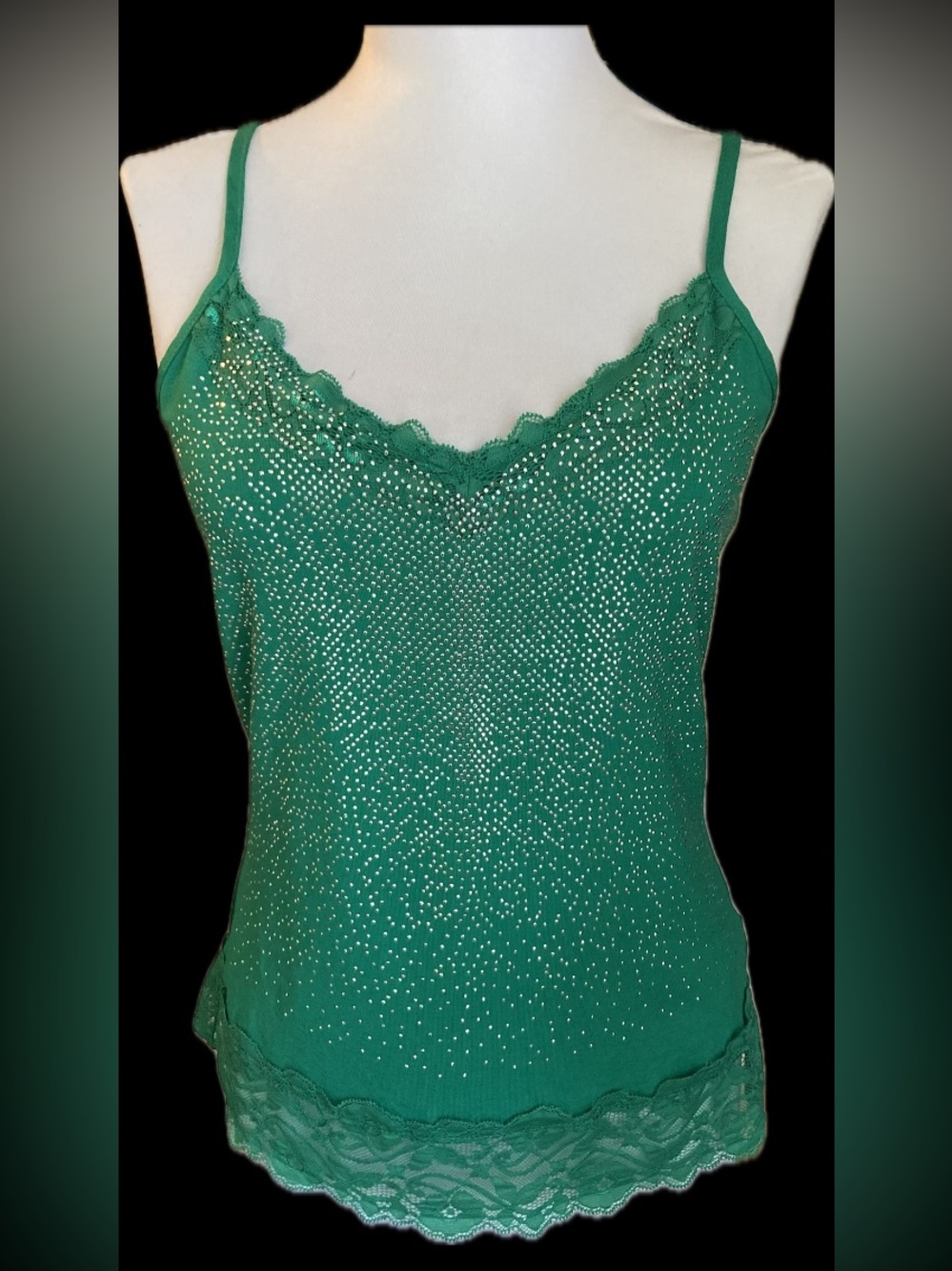 VENUS Emerald Green Rhinestone Lace-Trim Camisole Holiday Silver Sparkle Sz Med